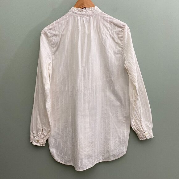 LOFT Button Down Shirt Top White Cotton Pleated Ruffle Cottagecore Womens Medium - Picture 4 of 9